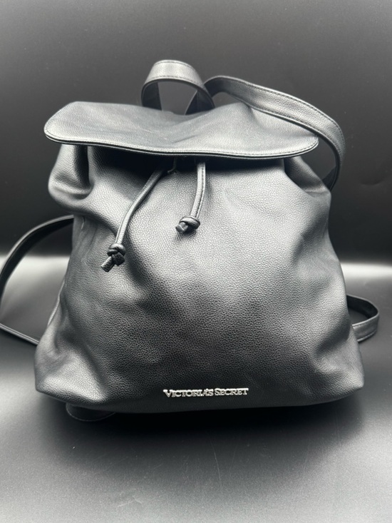 Victoria’s Secret Black Faux Leather Drawstring Backpack Minimal Logo main image 4